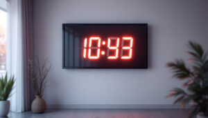 A photograph of a large led wall clock prominently displayed in a well-lit room