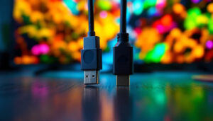 A photograph of a side-by-side comparison of a displayport and an hdmi cable
