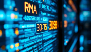 A photograph of a close-up of a digital led display showing an rma number tracking interface