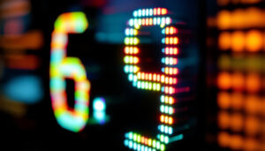 A photograph of a close-up shot of an led display featuring the numbers 6 and 9 illuminated