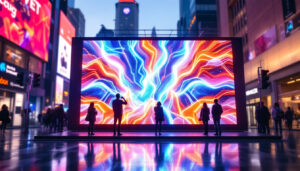 A photograph of a vibrant led display in a dynamic urban setting