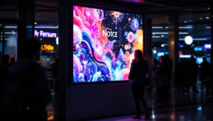 A photograph of a vibrant digital notice board in a public space