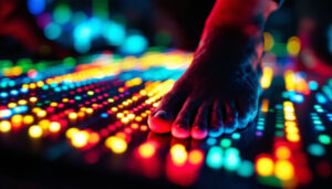 A photograph of a close-up of a foot interacting with a colorful led display