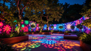 A photograph of capture a photograph of a beautifully illuminated outdoor space featuring vibrant led projection lights