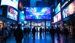 A photograph of capture a photograph of a vibrant led signage display in a bustling urban environment