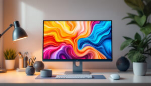 A photograph of a sleek 19-inch led monitor displaying vibrant colors and sharp images