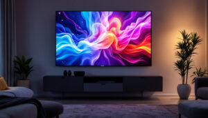 A photograph of capture a photograph of an 85-inch touch screen tv displaying vibrant led visuals in a modern living room setting