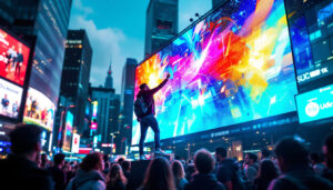A photograph of capture a photograph of a vibrant led display in an urban setting