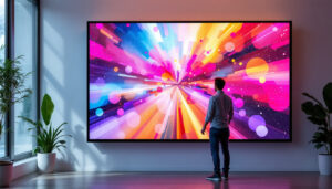 A photograph of a vibrant 22-inch by 40-inch led display poster board in a well-lit environment