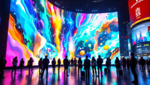 A photograph of a vibrant led display in a bustling urban environment
