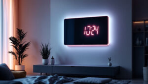 A photograph of capture a photograph of a sleek digital projection wall clock displaying the time on a wall