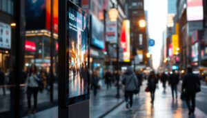 A photograph of a vibrant digital signage lcd display in a bustling urban environment