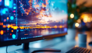 A photograph of a close-up shot of a res monitor's led display in action
