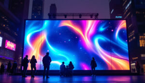 A photograph of a vibrant led display in an urban setting