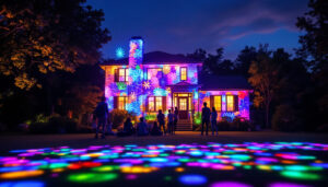 A photograph of capture a photograph of an outdoor scene illuminated by a vibrant light show projector