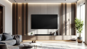 A photograph of a modern interior featuring vertical wall panelling integrated with a sleek led display