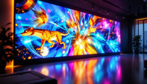 A photograph of a vibrant led wall display showcasing dynamic digital art or an engaging visual installation in a modern interior setting