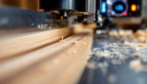 A photograph of a close-up shot of a wood planer in action