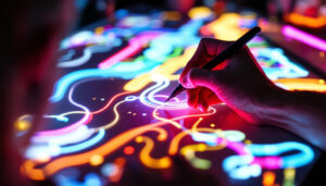 A photograph of a vibrant led drawing board in use