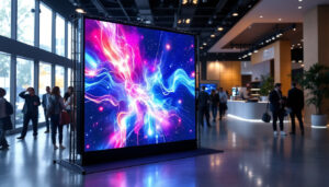 A photograph of a sleek commercial backdrop stand featuring a vibrant led display in a well-lit environment