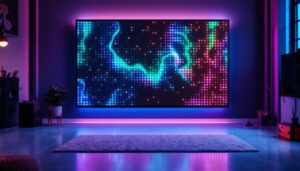 A photograph of capture a photograph of a vibrant led wall display in a studio setting