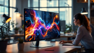 A photograph of a sleek 55-inch touch monitor displaying vibrant led graphics
