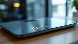 A photograph of a sleek digital scale displaying the weight conversion from 19.2 pounds to kilograms