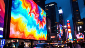 A photograph of capture a photograph of a vibrant led display in a dynamic urban setting