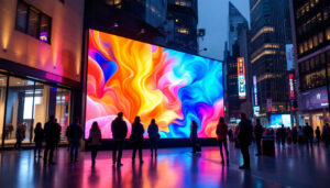 A photograph of a vibrant led display in a bustling urban setting