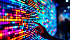 A photograph of a close-up of a vibrant led display in use