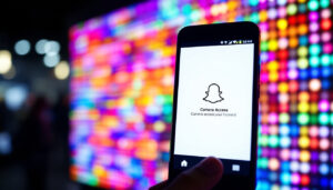 A photograph of capture a photograph of a smartphone screen displaying the snap app with the camera access prompt visible
