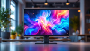 A photograph of a sleek commercial led display monitor showcasing vibrant