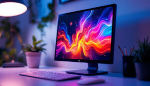 A photograph of a compact led computer monitor displaying vibrant graphics or a colorful interface