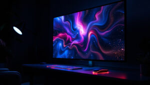 A photograph of a sleek black led display in a dimly lit environment