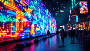 A photograph of a vibrant led display showcasing various colors and dynamic visuals
