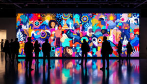 A photograph of a vibrant art display panel featuring an led screen showcasing colorful artwork in a well-lit gallery setting