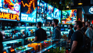 A photograph of a vibrant led display showcasing a variety of video games and gaming accessories inside the beaverton game store