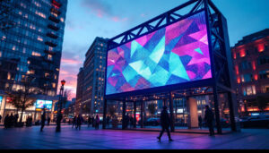 A photograph of a vibrant led display integrated into a modern lattice-framed panel structure