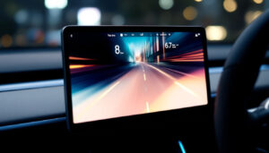 A photograph of a close-up view of the model y's front led display in action