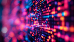 A photograph of a close-up view of an led display screen showcasing vibrant colors and intricate pixel patterns