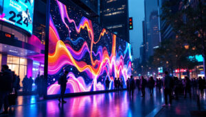 A photograph of a vibrant led display in a bustling urban setting