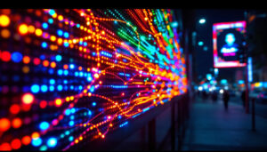 A photograph of capture a photograph of a vibrant led display showcasing colorful micro lights in a dynamic urban setting