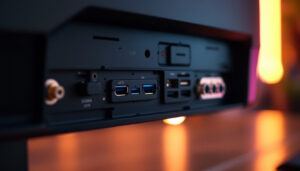 A photograph of a close-up shot of the back of a modern led monitor