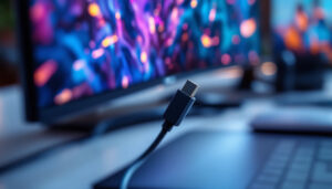 A photograph of a close-up shot of a displayport 1.4a to hdmi cable connecting a sleek led display to a modern laptop