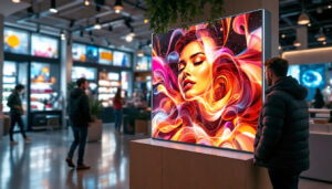 A photograph of a vibrant retail environment showcasing an led display stand in action