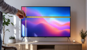 A photograph of a person measuring the diagonal of a large led tv screen with a tape measure