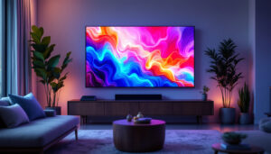 A photograph of a modern living room featuring a large led tv displaying vibrant colors