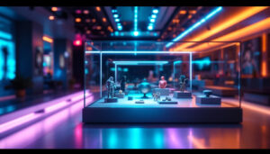 A photograph of a sleek display case illuminated by vibrant led lights