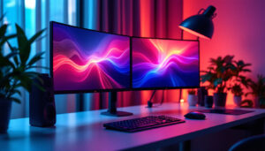 A photograph of capture a photograph of a sleek dual monitor setup on a modern desk