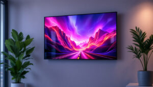 A photograph of a sleek wall-mounted touch screen led display in a modern setting